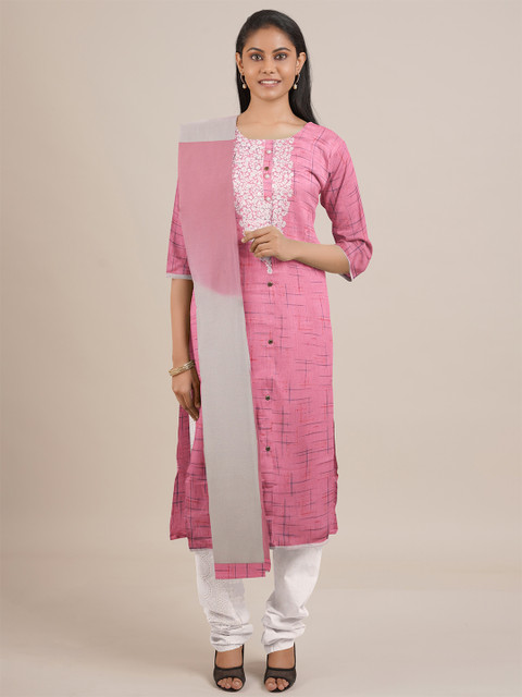 

Pothys Pink & White Printed Unstitched Dress Material
