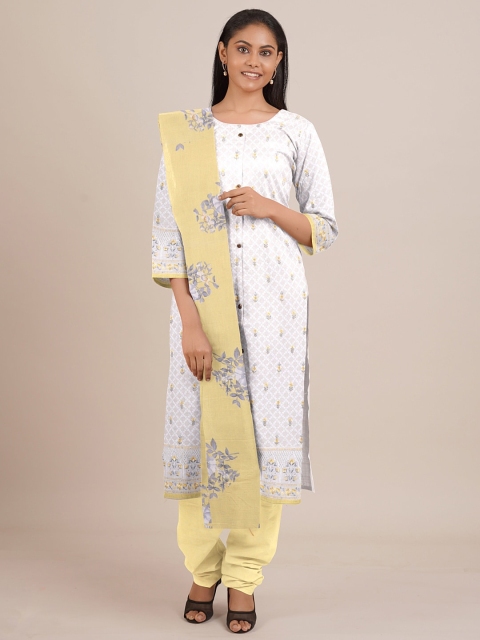 

Pothys White & Yellow Printed Unstitched Dress Material