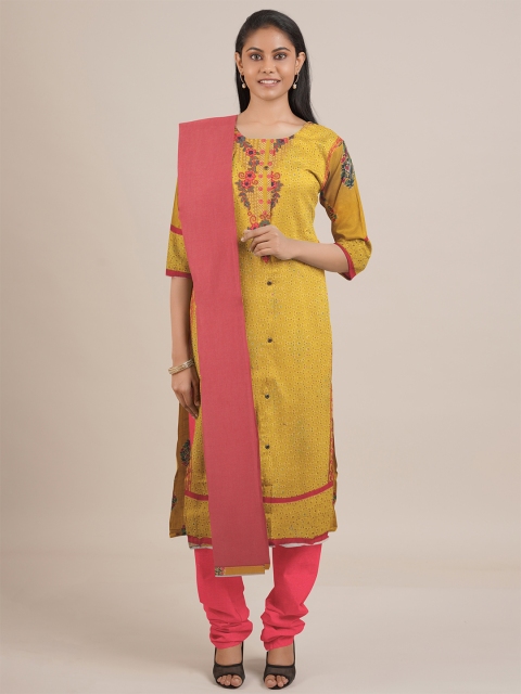 

Pothys Yellow & Pink Embroidered Unstitched Dress Material