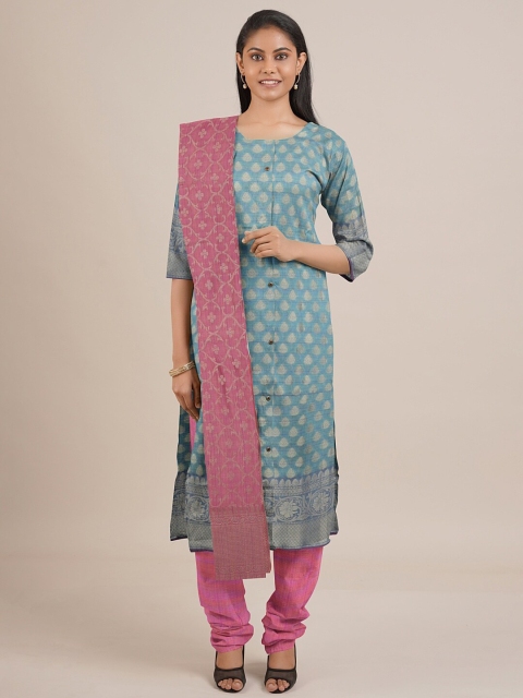 

Pothys Blue & Pink Printed Unstitched Dress Material