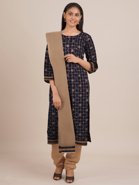 

Pothys Navy Blue & Beige Printed Unstitched Dress Material