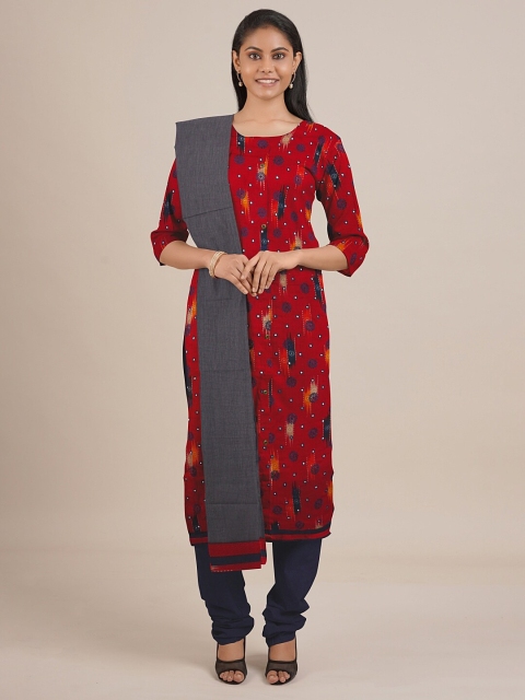 

Pothys Red & Blue Printed Unstitched Dress Material