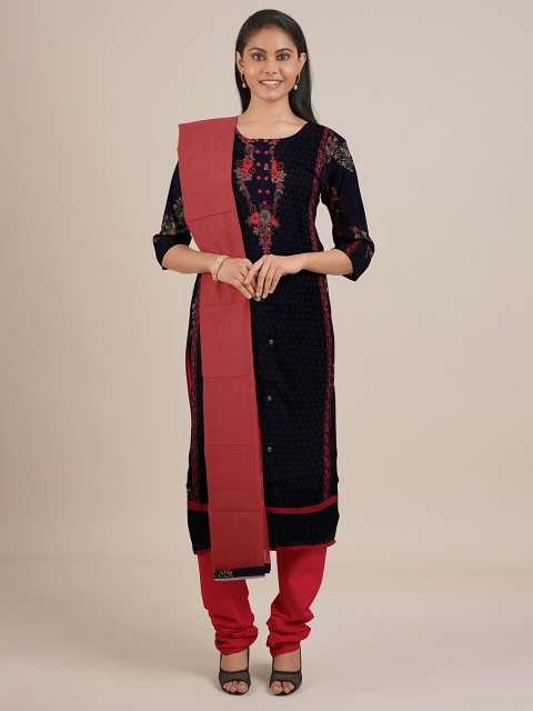 

Pothys Navy Blue & Red Embroidered Unstitched Dress Material
