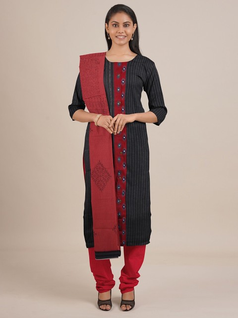 

Pothys Black & Red Printed Unstitched Dress Material