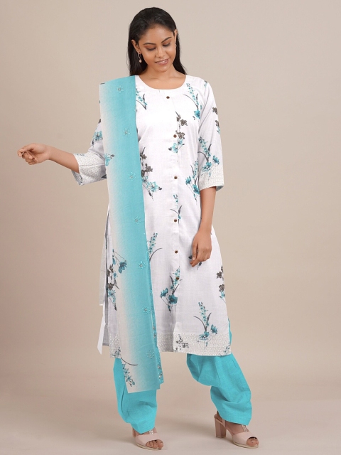 

Pothys White & Blue Printed Unstitched Dress Material