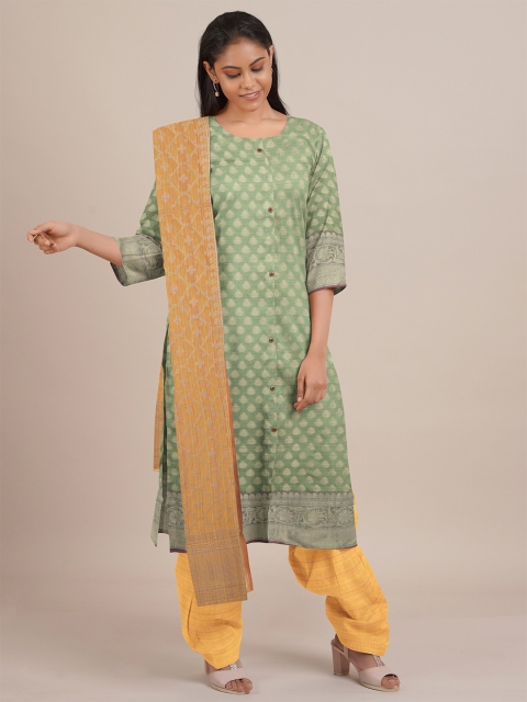 

Pothys Green & Yellow Printed Unstitched Dress Material