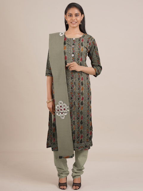 

Pothys Green Printed Unstitched Dress Material