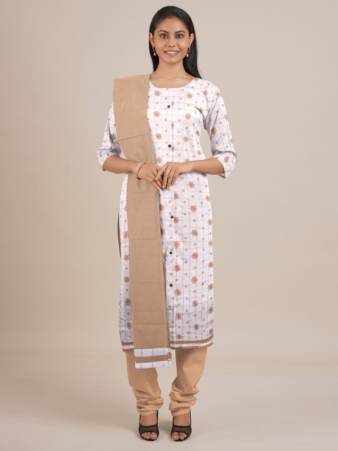 

Pothys Off-White & Beige Printed Unstitched Dress Material