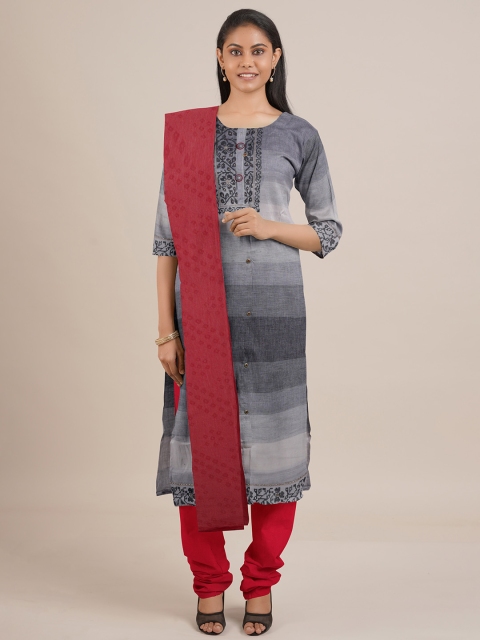 

Pothys Grey & Red Printed Unstitched Dress Material