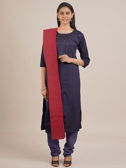 

Pothys Grey & Red Embroidered Unstitched Dress Material
