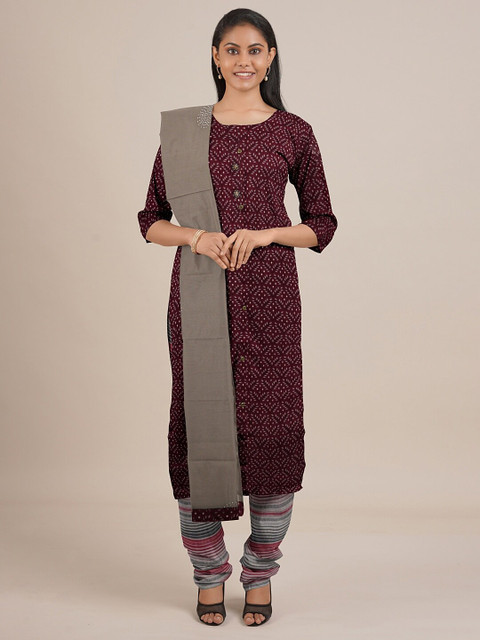 

Pothys Maroon & Grey Printed Unstitched Dress Material