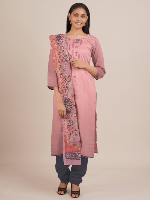 

Pothys Pink & Navy Blue Embroidered Unstitched Dress Material