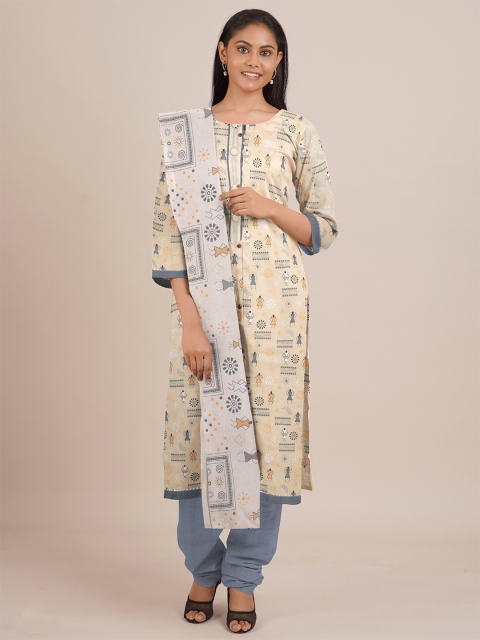 

Pothys Yellow & Grey Printed Unstitched Dress Material