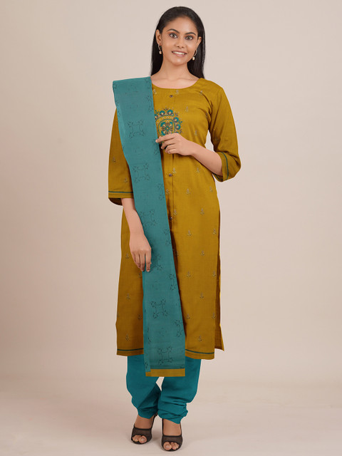 

Pothys Mustard Brown & Green Embroidered Unstitched Dress Material