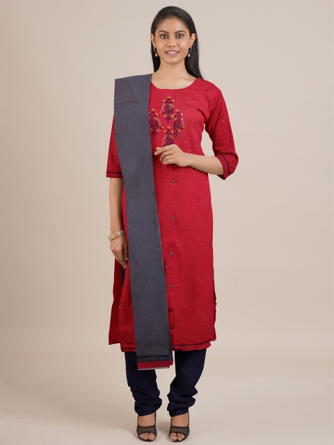 

Pothys Red & Navy Blue Embroidered Unstitched Dress Material