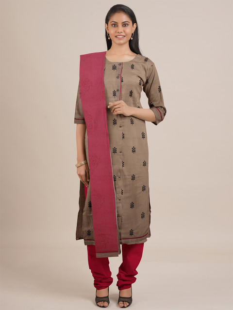 

Pothys Tan & Red Embroidered Unstitched Dress Material