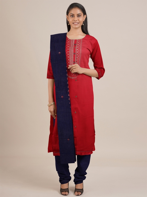 

Pothys Red & Blue Printed Unstitched Dress Material