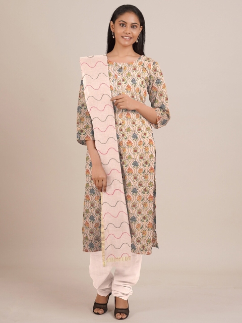 

Pothys Cream-Coloured & Green Printed Unstitched Dress Material