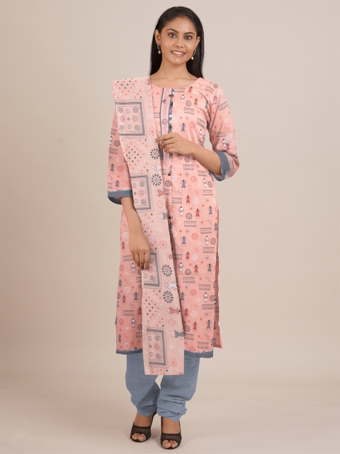 

Pothys Peach-Coloured & Grey Printed Unstitched Dress Material
