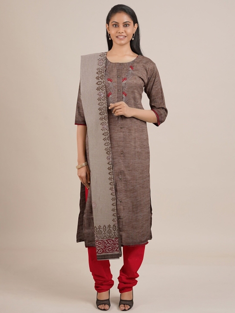 

Pothys Brown & Red Unstitched Dress Material
