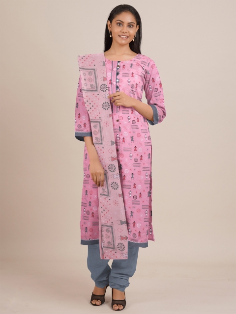 

Pothys Pink & Blue Printed Unstitched Dress Material