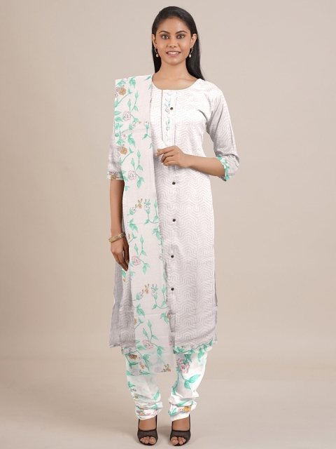 

Pothys Off White & Sea Green Embroidered Unstitched Dress Material