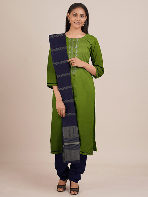 

Pothys Green & Navy Blue Embroidered Unstitched Dress Material