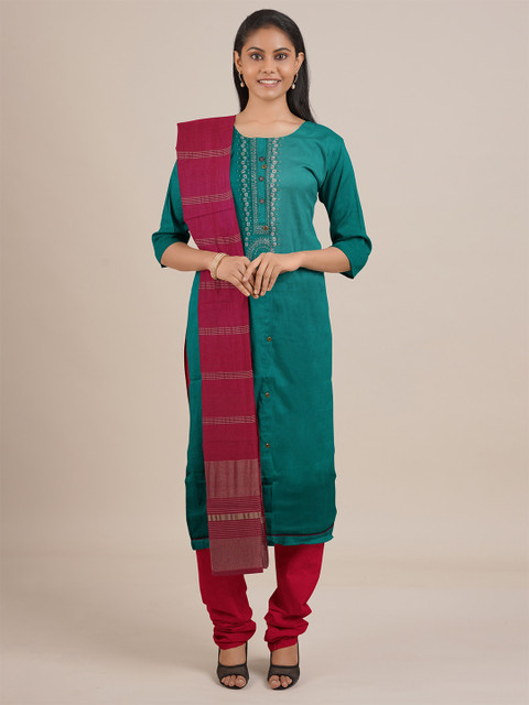 

Pothys Green & Maroon Unstitched Dress Material