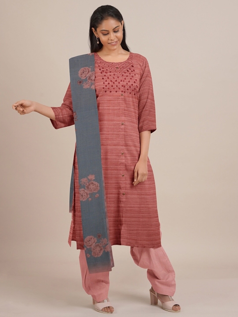 

Pothys Peach-Coloured & Grey Embroidered Unstitched Dress Material