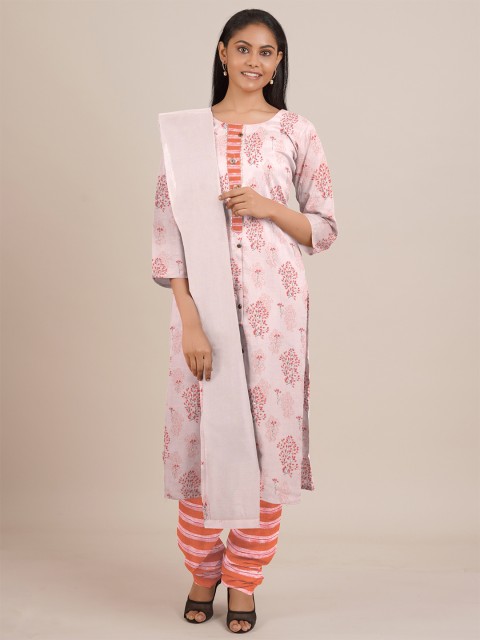

Pothys Peach-Coloured & Orange Printed Unstitched Dress Material