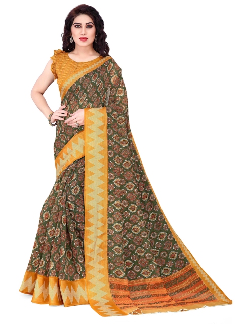 

KALINI Cotton Printed Green & Mustard Color Saree