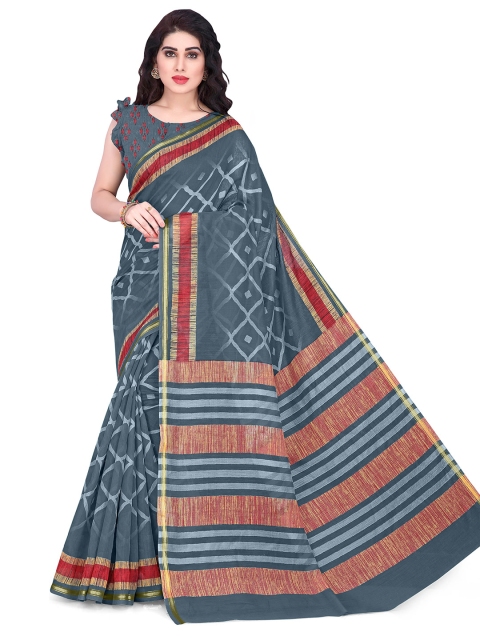 

KALINI Cotton Printed Grey & Red Zari Saree