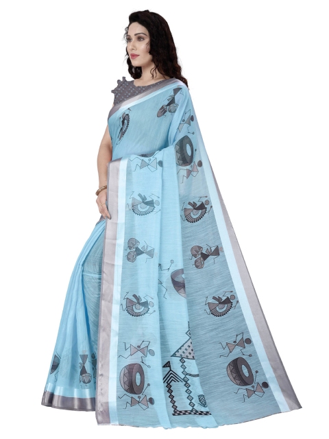 

KALINI Blue & Grey Warli Printed Cotton Saree