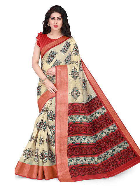 

KALINI Women Cream-Coloured & Red Ethnic Motifs Printed Saree