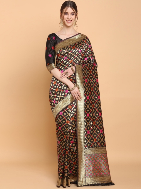

Mitera Black & Pink Ethnic Motifs Zari Silk Blend Patola Saree