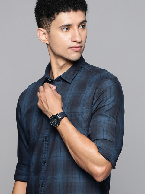 

Flying Machine Men Navy Blue Tartan Checks Slim Fit Pure Cotton Casual Shirt