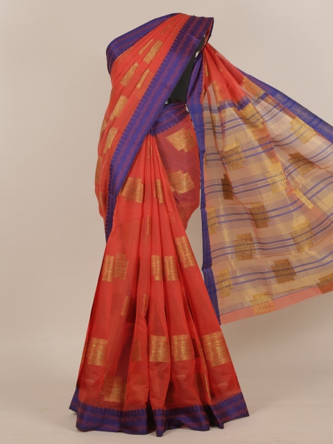 

Pothys Orange & Blue Ethnic Motifs Cotton Blend Saree