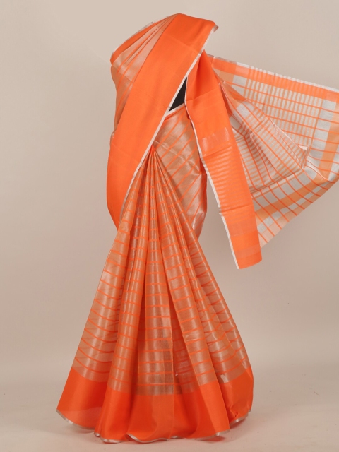 

Pothys Orange & Silver-Toned Striped Zari Saree