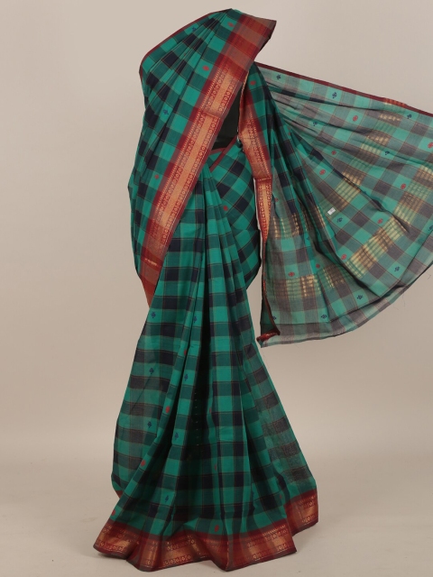 

Pothys Sea Green & Maroon Checked Pure Cotton Saree