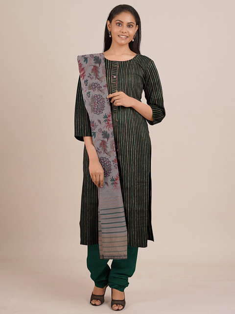 

Pothys Green & Brown Printed Unstitched Dress Material
