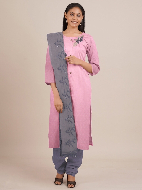 

Pothys Pink & Grey Embroidered Unstitched Dress Material