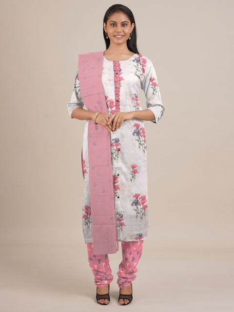 

Pothys Off White & Pink Printed Unstitched Dress Material