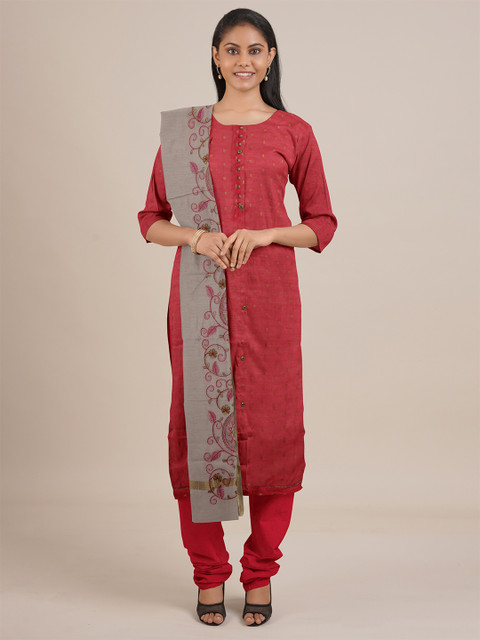 

Pothys Pink & Grey Embroidered Unstitched Dress Material