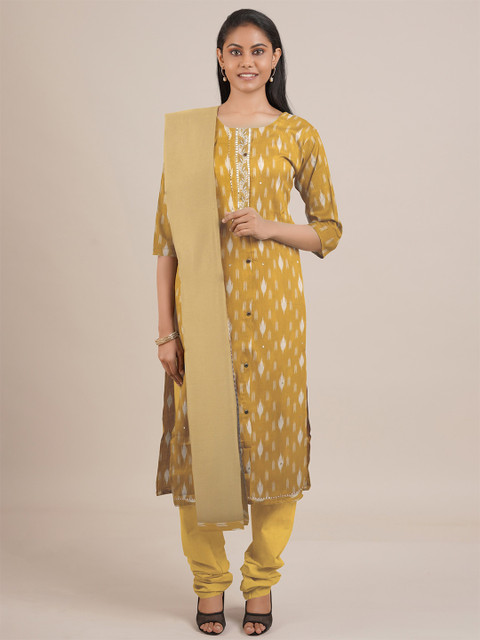 

Pothys Mustard & Off White Printed Unstitched Dress Material