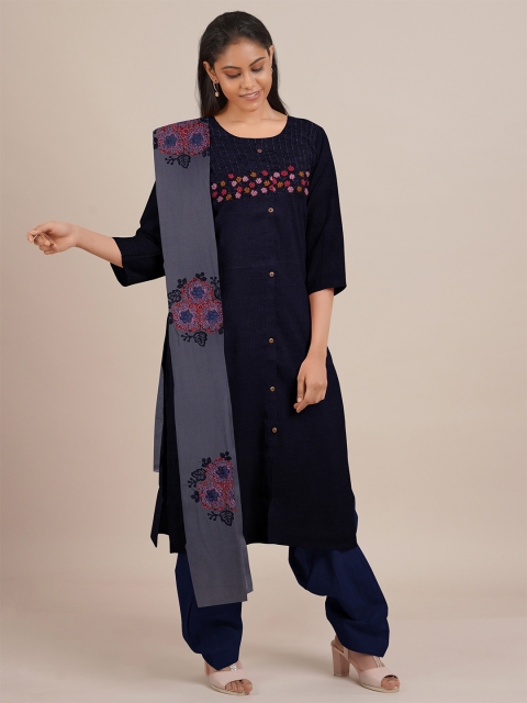 

Pothys Navy Blue Embroidered Unstitched Dress Material