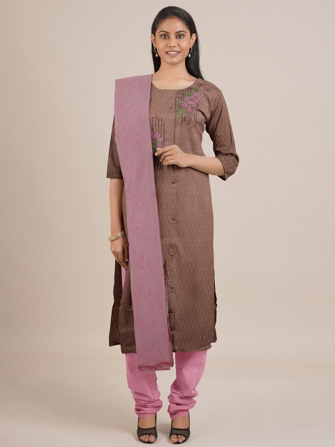 

Pothys Brown & Pink Embroidered Unstitched Dress Material