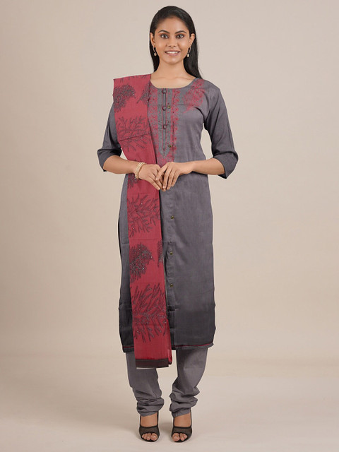 

Pothys Grey & Red Unstitched Dress Material