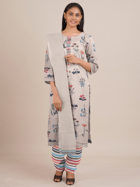 

Pothys Cream-Coloured & Orange Printed Unstitched Dress Material