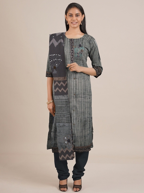 

Pothys Green Printed Unstitched Dress Material