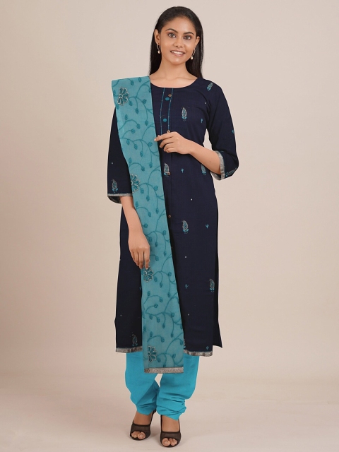 

Pothys Navy Blue & Sea Green Embroidered Unstitched Dress Material
